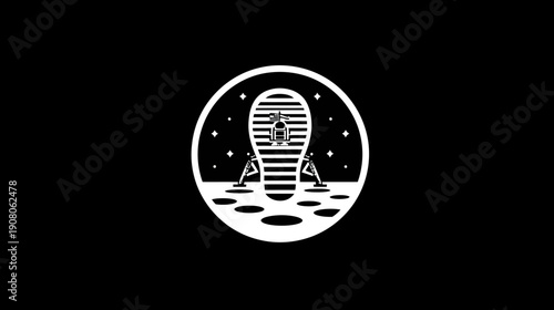 Black and white illustration depicts a lunar landing. The silhouette shows the lander, flag, stars, and moon