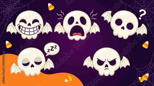 Cute Halloween Skull Ghost Emojis Set. Cartoon Skulls with Bat Wings Showing Diverse Emotions: Happy, Scared, Angry, Sleepy, and Confused on a Spooky Background.