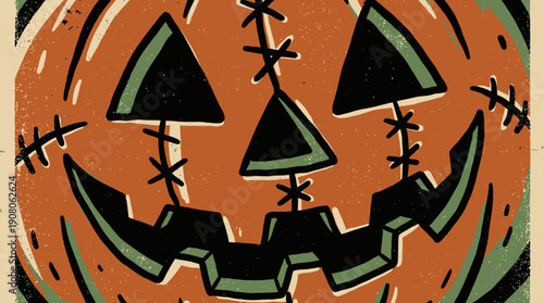 Retro Halloween Jack O'Lantern Close-up Illustration with Distressed Texture. Vintage Spooky Stitched Pumpkin Face Graphic Design.