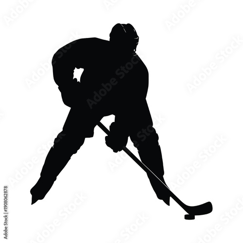 Silhouette of hockey player in action, skating and hitting puck, dynamic movement, sports illustration, monochrome, front view