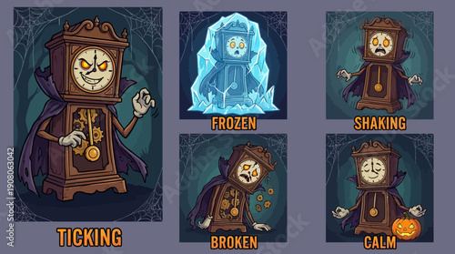 Grandfather Clock Halloween Mascot Emotions Set: Spooky Ticking, Frozen, Broken, Shaking, and Calm Time Cartoon Vector Illustration.