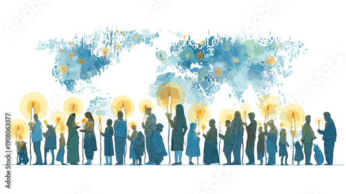 A diverse group of people standing together in unity and solidarity with glowing lights