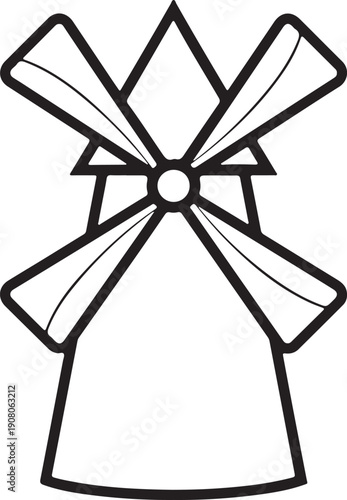 Windmill line icon featuring traditional grain mill structure with rotating blades and triangular roof for sustainable energy production