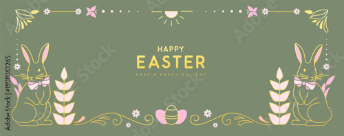 Happy Easter  poster or greeting card with rabbits, floral decorative elements and Easter eggs on green background. Easter frame. Vector illustration