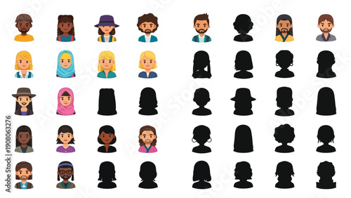 Diverse collection of illustrated human faces with various expressions and accessories