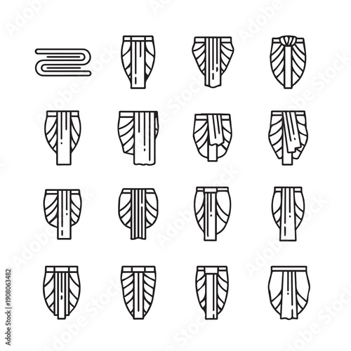 Dhoti Folding Styles Icons Set, Indian Traditional Menswear Illustrations, Stock Graphics