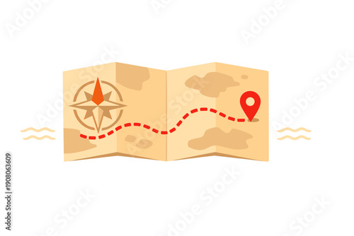A flat illustration of a folded paper map featuring a compass rose, a red dotted route, and a location pin icon. The map is set against a solid black background with wavy symbols.