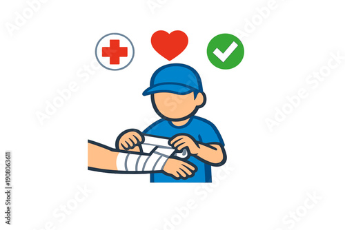An illustration of a person in a blue uniform applying a white bandage to an injured arm. Above them are icons of a red cross, a red heart, and a green checkmark on a black background.