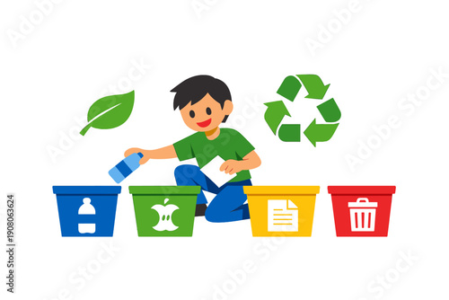 A cartoon illustration of a boy sorting waste into four colored recycling bins. He is placing a plastic bottle into the blue bin while a recycling symbol and leaf float above him.