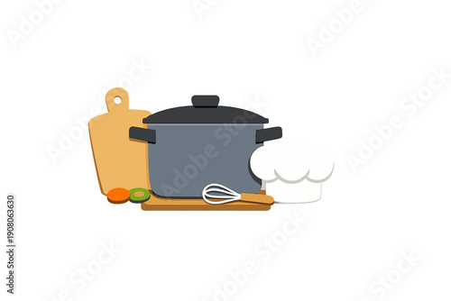 A flat vector illustration of kitchen essentials including a large grey cooking pot, a wooden cutting board, a white chef hat, a whisk, and sliced vegetables on a dark background.