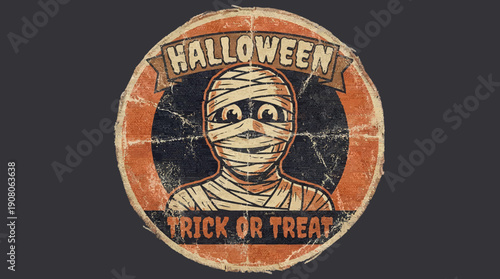 Retro Halloween Mummy Patch Illustration. Trick or Treat Grunge Badge Logo Design with Distressed Fabric Texture.