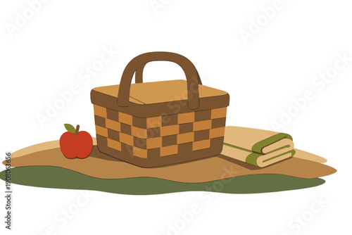A simple illustration of a woven picnic basket sitting on a patch of ground next to a red apple and a folded blanket. The scene features earthy tones and a clean, flat design style.