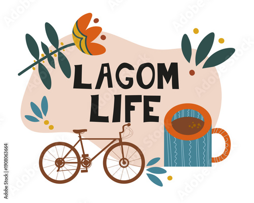 Lagom. Lagom life. Scandinavian poster. Nature and humans elements vector flat design stock illustration.