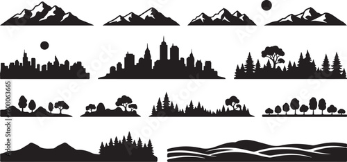 Black Silhouette City Skyline and Mountain Landscape Icons Set