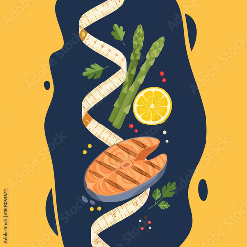 Grilled Salmon Steak with Asparagus and Lemon.