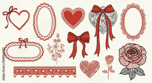 Charming Collection of Vintage Red and White Lace Design Elements, Featuring Romantic Hearts, Decorative Bows, Ornate Frames, and Floral Accents for Festive Occasions