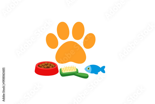 An illustration featuring a large orange paw print above a red bowl of pet food, a green grooming brush, and a blue fish toy, all set against a solid black background.
