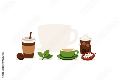 A collection of various beverages including a large white cup, a takeaway coffee, a green teacup, iced coffee with cream, green leaves, a coffee bean, and a cocoa pod on a black background.