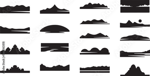 Collection of various mountain range silhouettes in black color