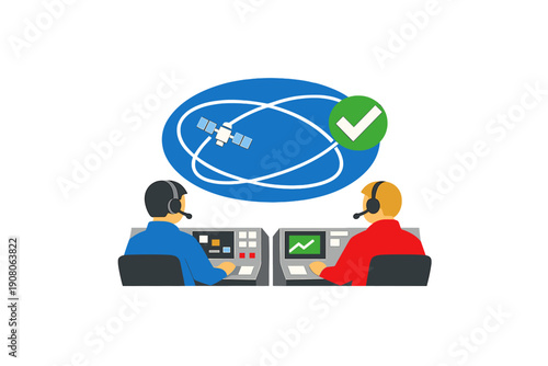Illustration of two technicians wearing headsets at control desks, overseeing a satellite orbiting in space with a green checkmark symbol showing successful operation.