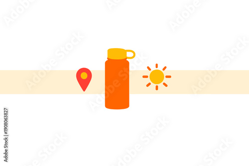 A minimalist flat illustration featuring an orange water bottle, a red location pin icon, and a yellow sun symbol on a light horizontal band against a black background.