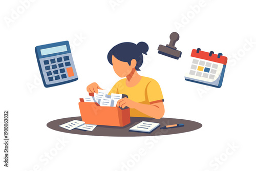 A woman in a yellow shirt organizes files at a desk. Surrounding her are a calculator, a calendar, and a stamp, representing office administration, bookkeeping, and financial planning tasks.