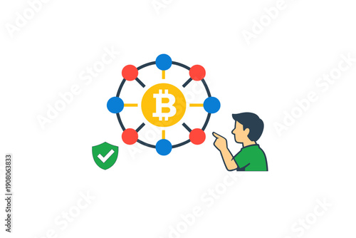 A cartoon illustration of a man pointing at a central bitcoin symbol connected to a network of red and blue nodes, featuring a green security shield with a checkmark icon.