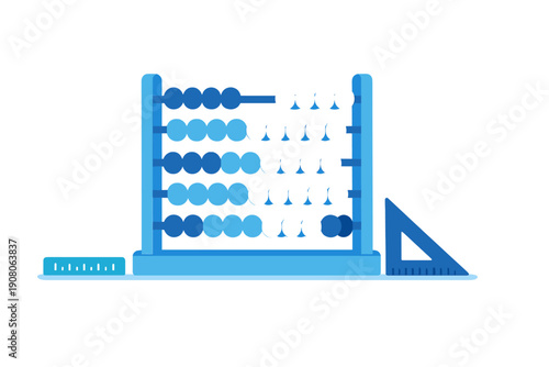 A flat vector illustration of a blue abacus with white and blue beads, accompanied by a ruler and a set square on a black background, representing mathematics and education.