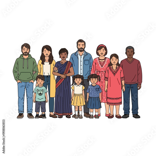 Diverse group of eight people standing together in a line smiling at the camera