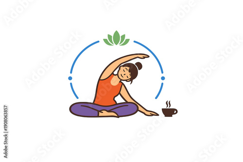 A flat illustration of a woman in an orange top and purple pants performing a seated side stretch yoga pose next to a steaming cup of coffee under a green lotus symbol.