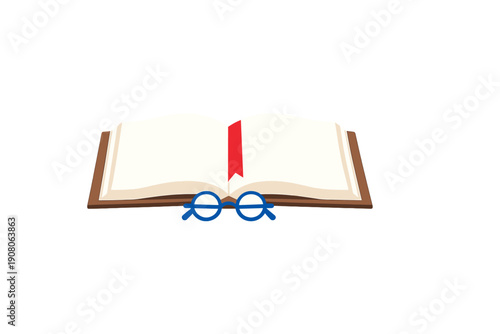 An illustration of an open book with a red bookmark and blue glasses placed in front of it, isolated on a black background. It represents reading, education, and literature.
