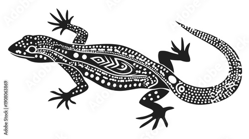 Black and white illustration of a reptile with intricate dot patterns and detailed body design