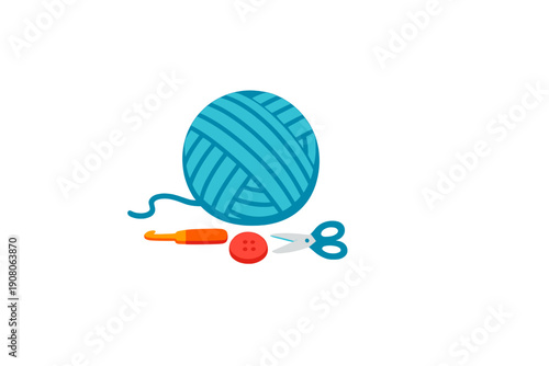 A blue ball of yarn sits above a crochet hook, a red button, and a pair of scissors. This flat illustration depicts essential tools for knitting and crafting on a black background.