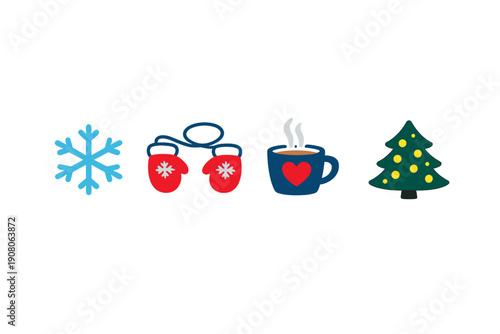 A set of four winter icons including a blue snowflake, red mittens, a steaming blue mug with a heart, and a green Christmas tree with yellow ornaments on a black background.