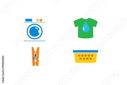 A collection of four colorful laundry icons including a washing machine, a green t-shirt with a water drop, an orange clothespin, and a yellow laundry basket on a black background.