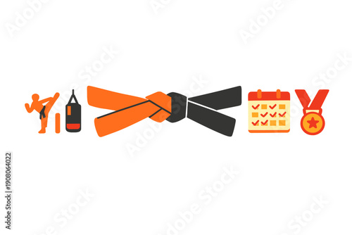 A flat vector illustration featuring martial arts icons including a person kicking, a punching bag, a black and orange belt with a white stripe, a calendar with checkmarks, and an award medal.