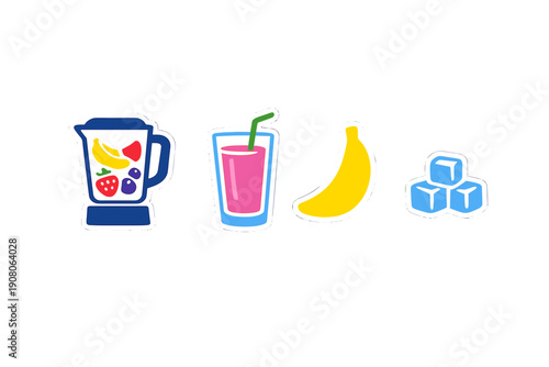 A set of colorful flat icons featuring a blender with fruit, a pink smoothie glass with a straw, a yellow banana, and blue ice cubes, all isolated on a black background.