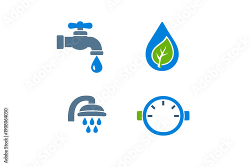 A collection of four flat icons representing water conservation, including a faucet, a water drop with a leaf, a shower head, and a water meter, displayed on a black background.