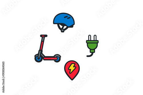 Four flat design icons on a black background featuring a blue safety helmet, a red electric kick scooter, a green electrical plug, and a red map pin with a lightning bolt symbol.