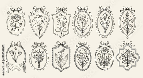 Collection of Delicate Botanical Illustrations, Framed with Bows and Ribbons