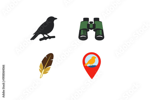 A set of four birdwatching-themed stickers featuring a black bird silhouette, green binoculars, a brown feather, and a red map pin icon with a yellow bird on a black background.