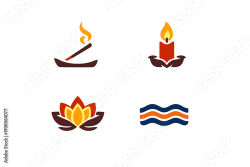 A set of four stylized icons featuring an incense stick, a lit candle, a lotus flower flame, and wavy water lines, all presented with white outlines on a black background.