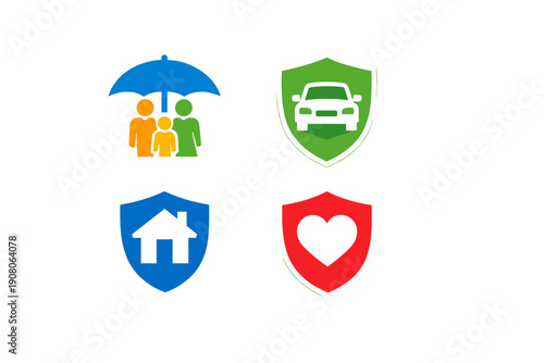 Four distinct insurance icons featuring a family under an umbrella, a car in a green shield, a house in a blue shield, and a heart in a red shield, set against a solid black background.