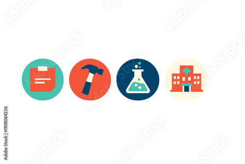 Four minimalist circular icons depicting a document, a hammer, a laboratory flask, and a hospital building, representing various professional sectors against a black backdrop.