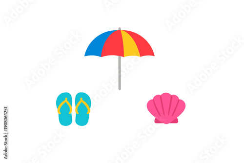 A colorful beach umbrella, a pair of blue flip-flops, and a pink seashell are displayed as flat icons against a solid black background, representing summer vacation and travel themes.