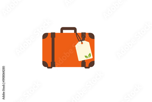 A flat illustration of an orange travel suitcase with brown leather straps and a white tag showing a green leaf icon. The image is set against a solid black background.