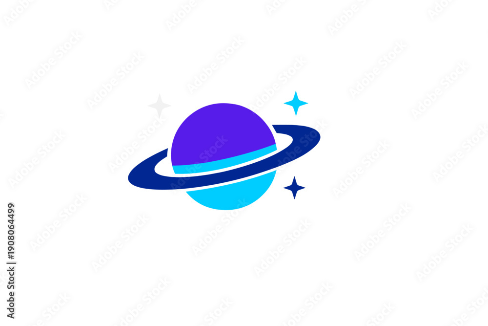Fototapeta premium This vector graphic features a stylized purple and light blue planet with a dark blue ring and three small stars, all set against a plain black background for a space theme.