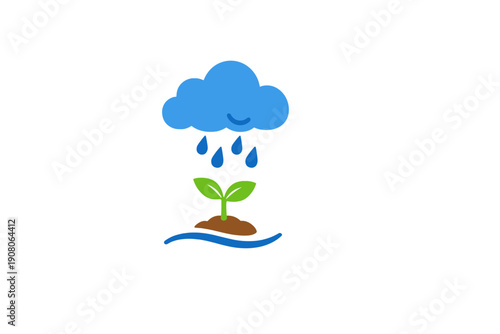 This graphic features a blue cloud with raindrops falling onto a young green plant sprout in brown soil. A blue wave is at the base, all set against a solid black background.