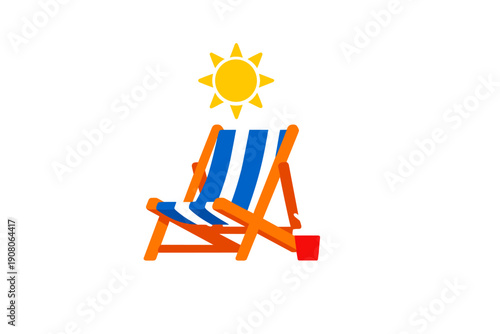 A minimalist illustration of a blue and orange beach chair sitting under a bright yellow sun with a small red bucket nearby, set against a solid black background for high contrast.