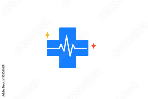 A blue medical cross icon with a black heartbeat line across the center, featuring small yellow and orange sparkles on a solid black background. This graphic represents health and wellness.